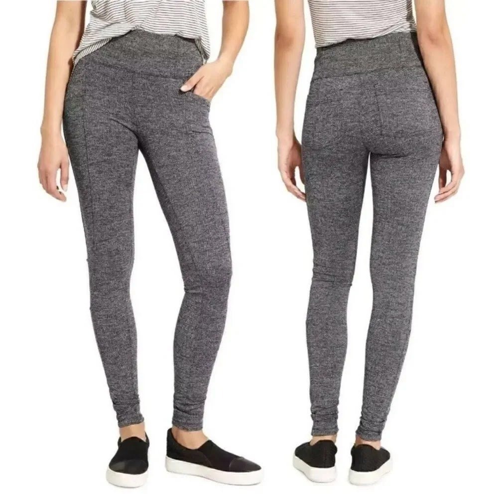 Athleta High Rise Herringbone Leggings Black White Knit Yoga Pants Small Pockets